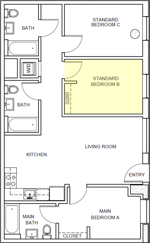 Floor plan for 3 beds, 3 baths, 278 sqft